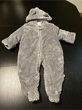 Gray Plush Baby One-Piece Hooded Snowsuit